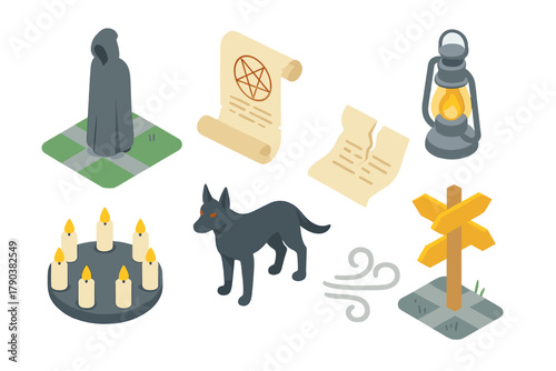 Urban Legends Icons. Isometric vector illustration set of Urban legends: hooded man at crossroads, pact scroll, flickering lantern