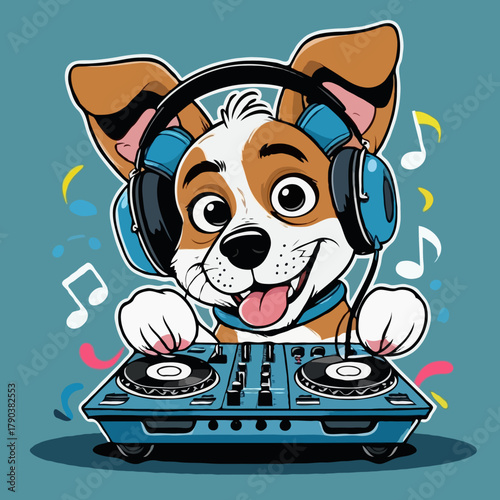 Adorable cartoon dog DJ wearing blue headphones and mixing music on a turntable, creating a fun party vibe with colorful musical notes