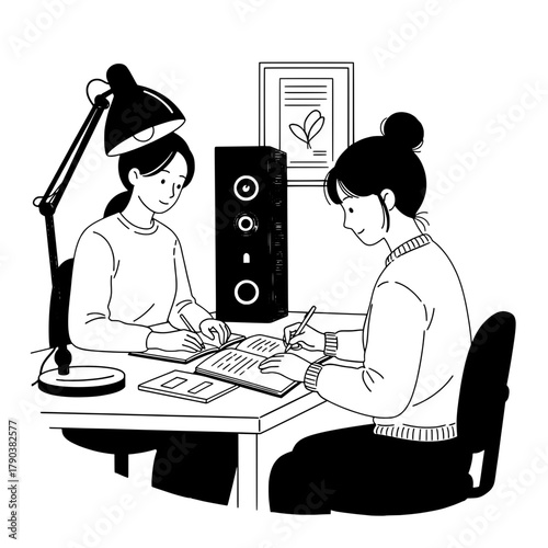 Two diligent female students studying together at a well-lit desk with books and a lamp indoors