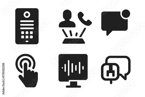 Communication Icons Set. Solid style icons of communication panels: intercom glyph, holographic call icon, message badge.