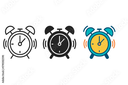 Minimalist Alarm Icons. Minimalist alarm notification icon: three identical alarm clocks in a row, first in line style with thin