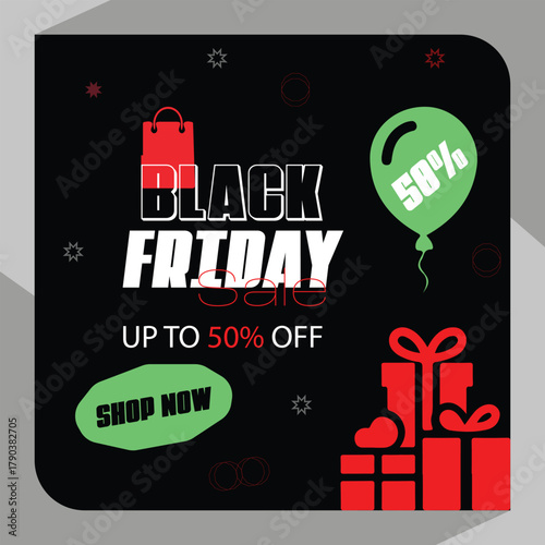 Black friday sale promotion banner with shopping bag, discount balloon, and gift boxes offering up to 50% off for online shoppers.