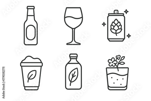 Zero-Alcohol Beverage Icons. Line style icons of zero-alcohol brew varieties: non-alcoholic beer bottle, alcohol-free wine glass,