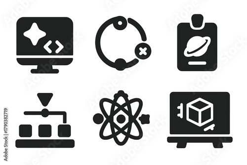Student Simulator Icons. Solid style icons of student universe simulators: simulation terminal glyph, scenario builder ring,