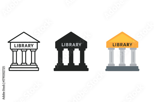 Library Icon Variations. Minimalist library building icon: three identical classical library building icons in a row, first in