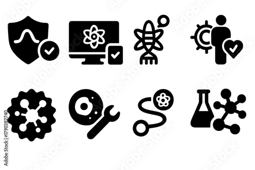 Quantum Biology Icons. Solid style icons of future applications of quantum biology: life-extending wave badge, quantum-powered
