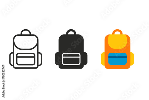 Minimalist Backpack Icons. Minimalist backpack icon: three identical school backpack icons in a row, first in line style with thin