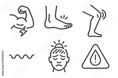 Ultra-Marathon Challenges Icons. Line style icons of physical challenges in ultra-marathons: muscle cramp symbol, blistered foot