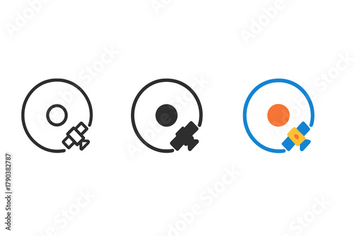 Satellite Orbit Icons. Minimalist orbit path icon: three identical satellite orbit trajectories in a row, first in line style with