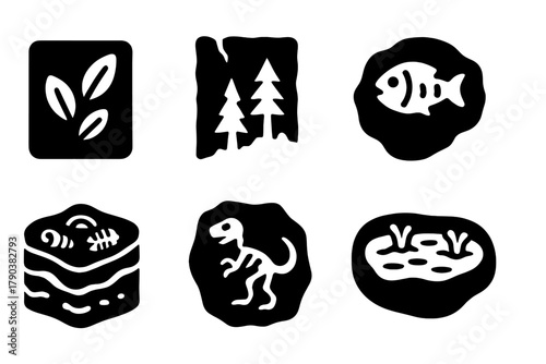 Fossilized Ecosystem Icons. Solid style icons of fossilized ecosystems: imprinted leaves, ancient forest slabs, sediment records.
