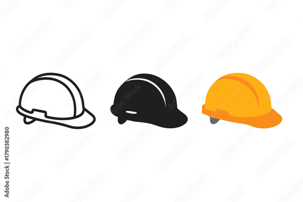 Fototapeta premium Minimalist Helmet Icons. Minimalist construction helmet icon: three identical safety helmets in side view in a row, first in line