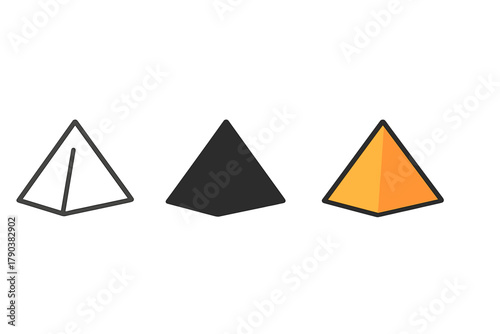 Minimalist Pyramid Icons. Minimalist pyramid icon: three identical pyramid icons in a row, first in line style with thin outline,