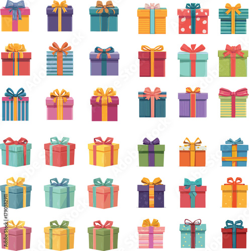 Colorful gift boxes, festive packaging, birthday present, holiday celebration, ribbon decoration, surprise gifts, wrapping paper, cheerful design, party theme
