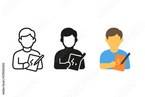 Minimalist Designer Icons. Minimalist designer icon: three identical designer with sketchpad icons in a row, first in line style