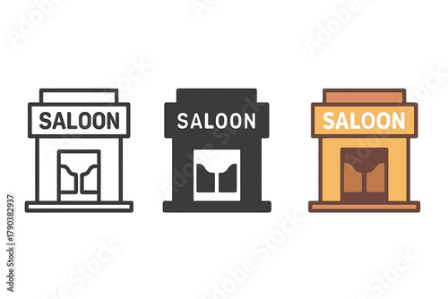 Minimalist Saloon Icons. Minimalist saloon icon: three identical saloon building icons in a row, first in line style with thin