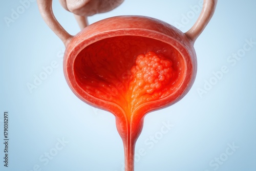 Detailed 3D rendering of the human urinary bladder showing a cancerous tumor inside, representing bladder cancer, oncology, and medical anatomy concept.