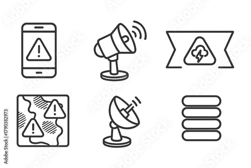 Weather Alert Icons. Line style icons of weather alert systems: emergency weather app, storm warning siren, radar system icon,