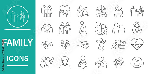 Set of outline icons related to family. Included icons as children, parents, pregnancy, grandparents, adoption and more symbol collection. Vector illustration. eps 10