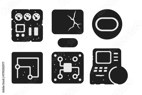 Forgotten Control Icons. Solid style icons of forgotten control centers: rusted panel glyph, screen crack icon, switch badge.