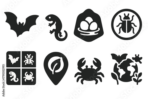 Solid Wildlife Icons. Solid style icons of wildlife in caves: bat flight glyph, salamander icon, nest badge. Insect ring, species