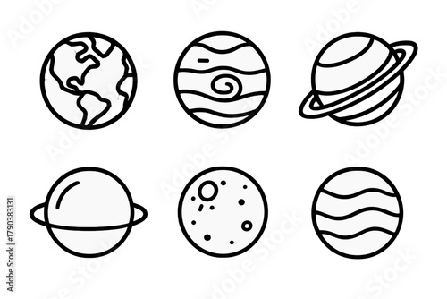 Planetary Line Icons. Line style icons of planets and celestial bodies: Earth icon, Mars with polar caps, Jupiter with storm swirl