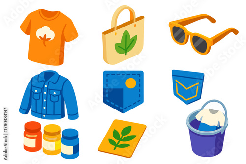 Sustainable Fashion Icons. Isometric vector illustration set Sustainable fashion – organic cotton t-shirt, hemp tote bag, bamboo