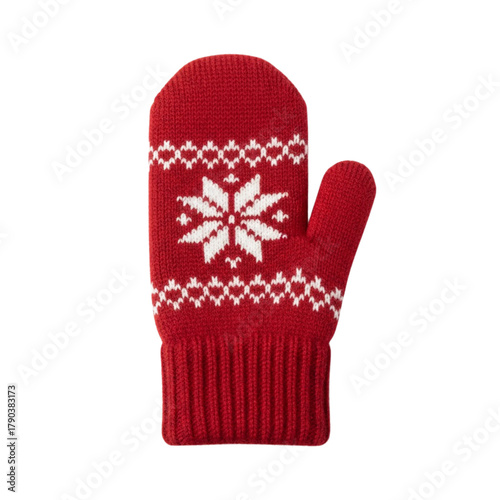 Red knitted mitten with white snowflake pattern on transparent background