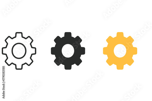 Minimalist Gear Icons. Minimalist gear settings icon: three identical gear wheels in a row, first in line style with thin outline,