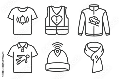 Emergency Textile Icons. Line style icons of Emergency Response Textiles: wearable distress signal, heart signal alert vest,