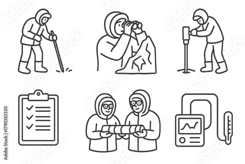 Glaciology Research Icons. Line style icons of glaciologists and researchers: field scientist with probe, glaciologist observing