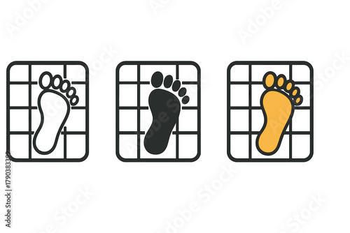 Digital Footprint Variations. Minimalist digital footprint icon: three identical footprints on digital grid icons in a row, first