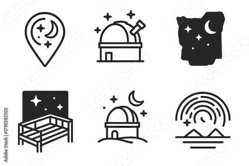Global Stargazing Icons. Line style icons of global stargazing destinations: Atacama Desert map pin, Mauna Kea dome icon, Iceland