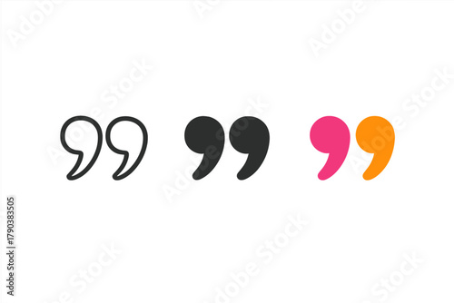 Stylized Quote Marks. Minimalist quote icon: three identical quotation marks in a row, first in line style with thin outline,