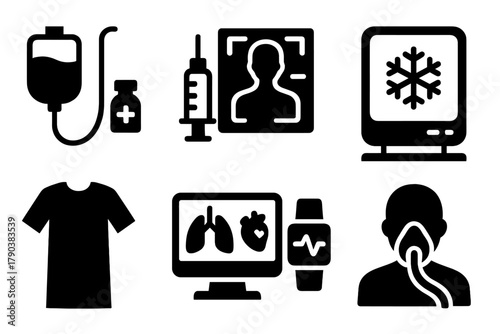 Cryo-Patient Preparation Icons. Solid style icons of cryo-patient preparation: IV setup icon, sedative dose symbol, biometric scan