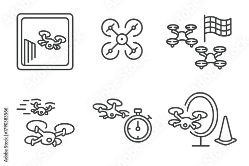 Drone Race Icons. Line style icons of drone race types: indoor race symbol, freestyle competition, team relay flight, solo time