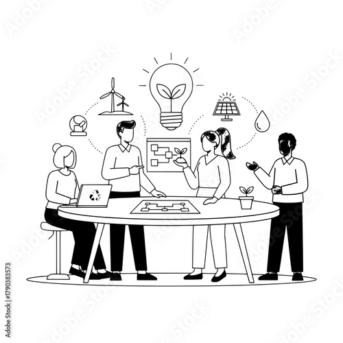 Diverse team members collaborate discussing innovative sustainable energy solutions at a modern meeting table featuring eco-friendly graphics