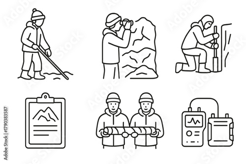 Glaciology Research Icons. Line style icons of glaciologists and researchers: field scientist with probe, glaciologist observing