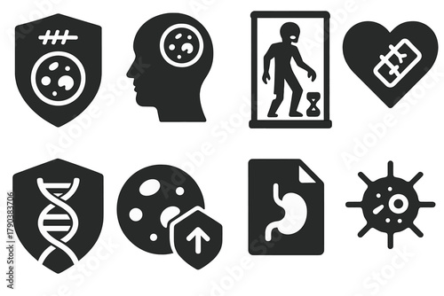 Zombie Biotech Icons. Solid style icons of potential zombie biotech use: wound healing badge with undead cell, post-mortem