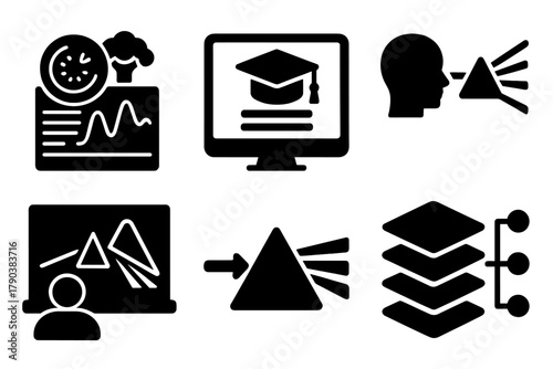 Hyperspectral Education Icons. Solid style icons of educational hyperspectral visuals: spectral food infographic, training module