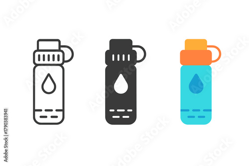 Water Filter Icon Styles. Minimalist water purification icon: three identical portable water filters in a row, first in line style