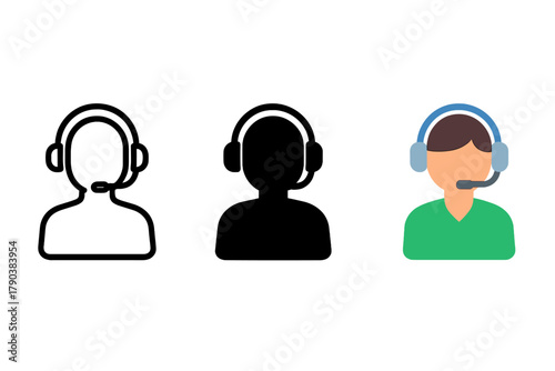 Minimalist Counselor Icons. Minimalist counselor icon: three identical person with headset icons in a row, first in line style