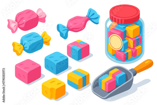 Bright Candy Delight. Isometric vector illustration set Ice cream and desserts – taffy pieces, candy wrappers, stretch candy;
