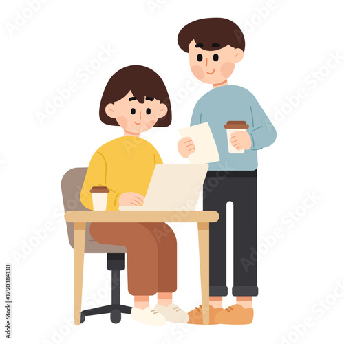 Flat design illustration of two young people working together in a co-working office. Working space concept. Flat cartoon character vector illustration