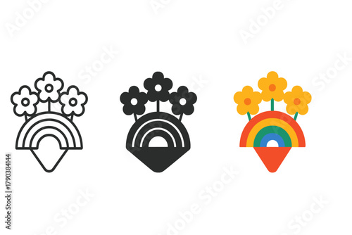 Rainbow Bouquet Styles. Minimalist rainbow bouquet icon: three identical small rainbow clusters with flowers in a row, first in