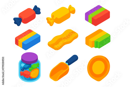 Bright Candy Delight. Isometric vector illustration set Ice cream and desserts – taffy pieces, candy wrappers, stretch candy;