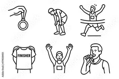 OCR Celebration Icons. Line style icons of OCR finishing celebration: medal award moment, exhausted happy runner, jump across