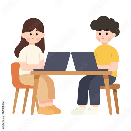 Flat design illustration of two young people working together in a co-working office. Working space concept. Flat cartoon character vector illustration