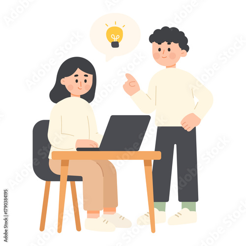 Flat design illustration of two young people working together in a co-working office. Working space concept. Flat cartoon character vector illustration