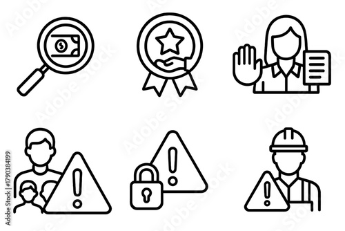 Misconduct Alert Icons. Line style icons of types of misconduct: fraud detection icon, corruption badge, harassment complaint,