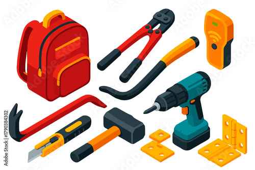 Earthquake Kit Essentials. Isometric vector illustration set Disaster preparedness – earthquake kit bag, steel utility knife, pry